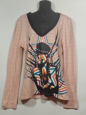 Azzure Women's Orange Striped V-Neck Long Sleeve Top with Star Graphic 2XL